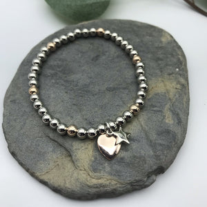 Silver Rose Gold Heart Star Elasticated Bracelet - Castle Home Interiors