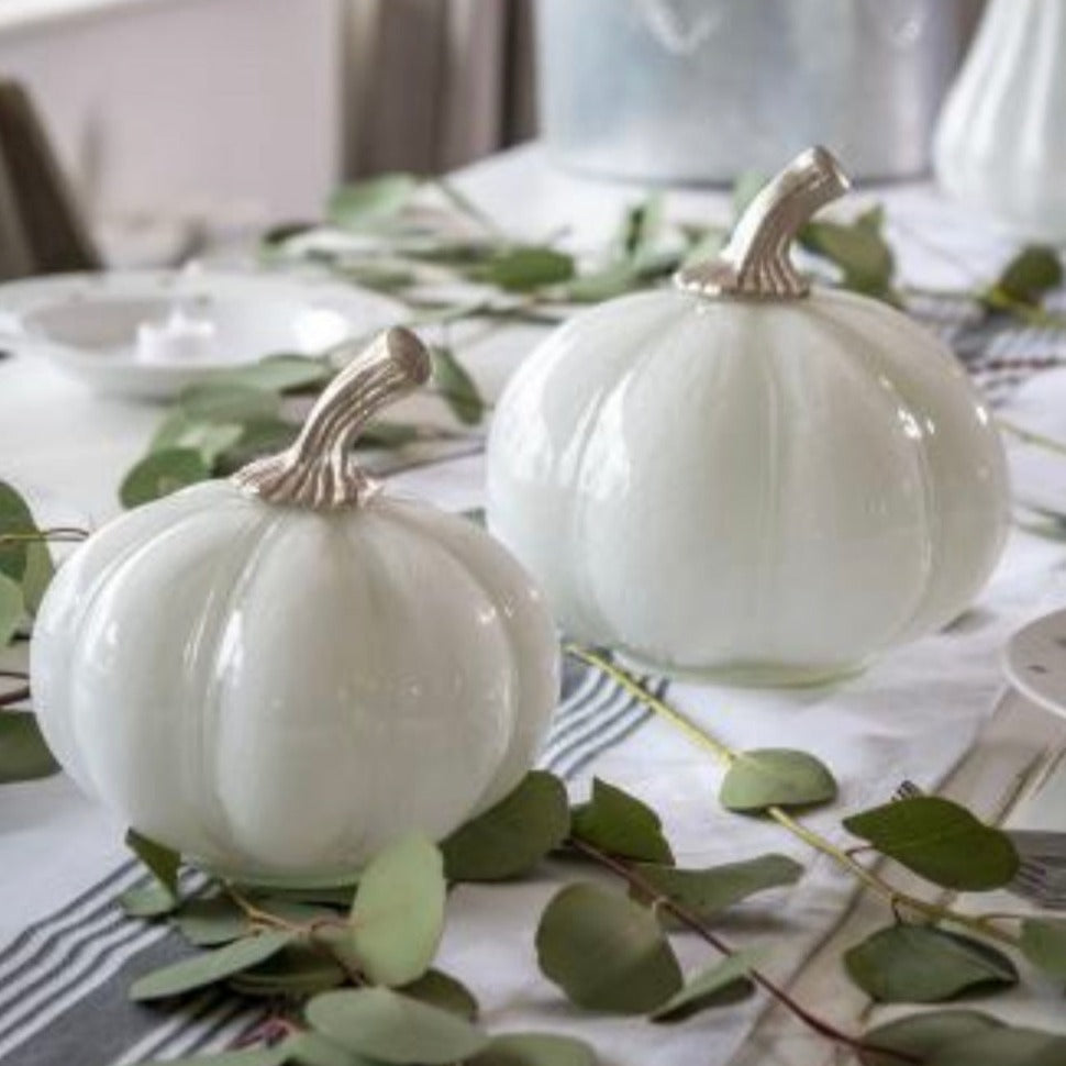 White Glass Pumpkin With Metal Stalk