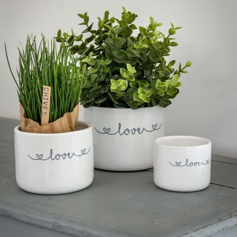 White ceramic Pots With "Love" Set of Three - Castle Home Interiors