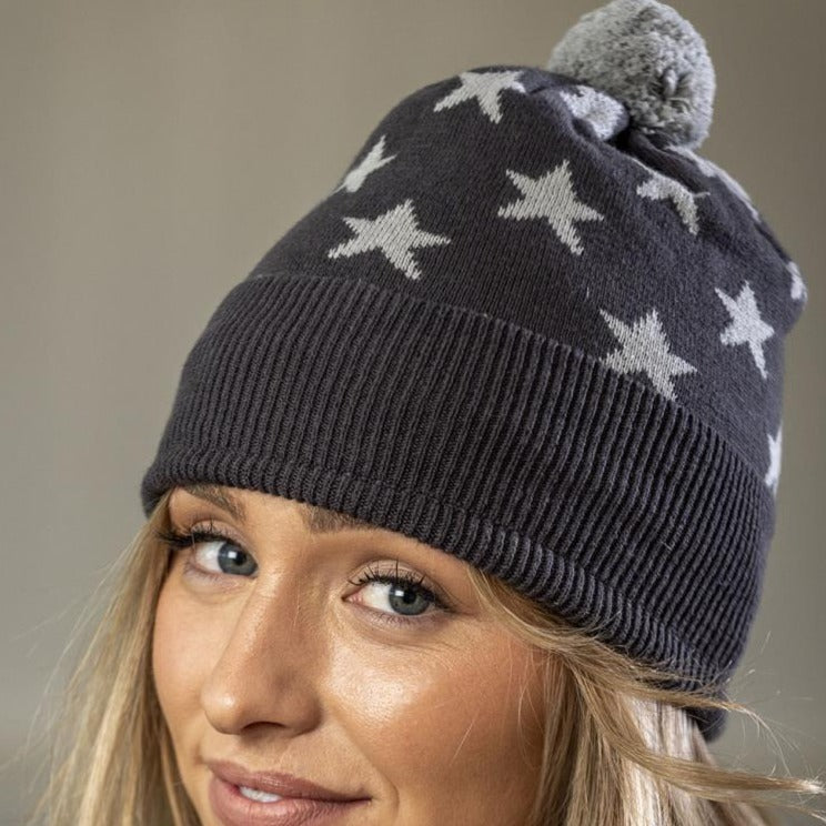 Dark Grey Star Pom Pom Bobble Hat