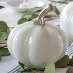 White Glass Pumpkin With Metal Stalk